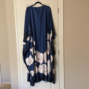 Satin blue kaftan with cream floral print Desi Pakistani